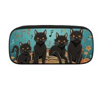 Four Black Cats Lying on The Piano Keyboard Pencil Case Waterproof Leather Pencil Pouch Multi-purpose Aesthetic Makeup Bag Cute Pen Bag Large Cosmetic Bag for Office Stationery, Travel