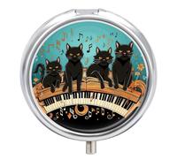 Four Black Cats Lying on The Piano Keyboard Pill Box 3 Compartment Small Pill Case for Purse Or Pocket Mini Metal Pillcase Medicine Organizer, Round Daily Medicine Container to Hold Vitamins, Fish Oil