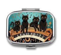 Four Black Cats Lying on The Piano Keyboard Pill Box Travel Pill Organizer 2 Compartment Weekly Pill Case with Mirror A Day Medicine Container Medicine Organizer for Purse, Pocket, Or Wallet