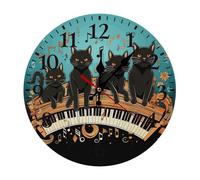 Four Black Cats Lying on The Piano Keyboard Wall Clock Round for Home, Battery Operated Wall Clocks for Bedroom, Fashionable Silent Non-Ticking Clock 30*30cm with Arabic Numeral for Kitchen Black