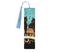 Four Black Cats Lying on The Piano Keyboard Wood Bookmark for Book Lovers Birthday Teachers Gift, Handmade Craft Book Marks Ornaments with Tassel Exquisite Reading Page Markers for Men Women