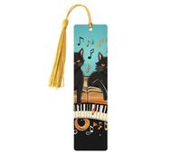 Four Black Cats Lying on The Piano Keyboard Wood Bookmark for Book Lovers Birthday Teachers Gift, Handmade Craft Book Marks Ornaments with Tassel Exquisite Reading Page Markers for Men Women