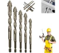 Four Blade Serrated Eccentric Drill Bits, 2025 New Four-Flute Eccentric Drill Bit Set, High-Strength Skewed Head Drill for Ceramic Tile, Stone and Glass(5+6+8+10+12mm)