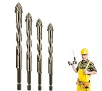 Four Blade Serrated Eccentric Drill Bits, 2025 New Four-Flute Eccentric Drill Bit Set, High-Strength Skewed Head Drill for Ceramic Tile, Stone and Glass(6+8+10+12mm)
