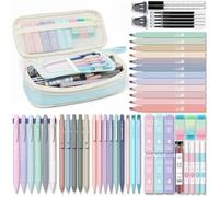 Four Candies 56 PCS Aesthetic School Supplies with Cute Pencil Case, 6 Multicolor Pen, 12 Pastel Highlighters, 5 Gel Pens Black Ink, 9 Mechanical Pencils for Student Stationary Set Preppy Stuff (Blue)