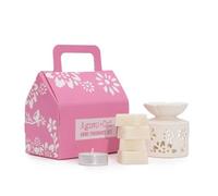 Four Candle Agnes + Cat Tea & Roses Fragrance Gift Set - Handmade Uk Wax Melts With Ceramic Floral Oil Burner, Tea Light And Gift Box