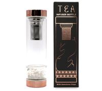 Four Candle Crystal Glass Tea Infuser Bottle 500 Ml - Rose Gold Caps With Rock Quartz Gemstone Chamber - Removable Infuser