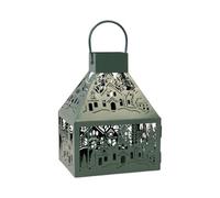 Four Candle Dark Sage Green Metal Lantern With Christmas Village Scene 25Cm