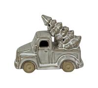 Four Candle Glazed Ceramic LED Christmas Truck Ornament with Tree Detail in Grey Four Candle Grey