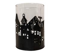 Four Candle Medium Black Metal House Scene Candle Holder with Glass Insert Four Candle Black