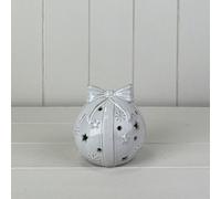 Four Candle Satchville Glazed Ceramic Bauble With Bow Ornament With Textured Detail And Led