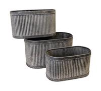 Four Candle Set of 3 Galvanised Ribbed Oval Zinc Planters Rustic Trough Pots in Grey Four Candle Grey