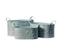 Four Candle Set of 3 Sage Green Zinc Oval Planters with Floral Design Four Candle Green