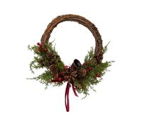 Four Candle Twig Wreath with Red Berries, Pinecones, Bells & Bow Medium in Brown Four Candle Brown