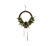 Four Candle Twig Wreath with White Berries, Pinecones, Bells & Bow Large in Brown Four Candle Brown