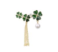 Four Clover Leaf Tassel Chain Brooch Pin for Women Irish Lucky Flower Leaves Enamel Lapel Pins Pearl Dangle Corsage St. Patrick's Brooches Dress Suit Clothes Accessories Statement Jewelry, Adjustable