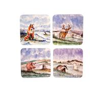 Four Coasters Gift Set of Four Original Hand Painted prints of the Sussex South Downs, Fox, Deer, Pig, Badger with snowman illustrations.