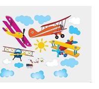 Four Colorful Planes Clouds Sky Sun Wall Sticker Decor Stylish Decoration Decal Decals Stickers Kids Boys Home Modern Wall Decal Living Room Bedroom