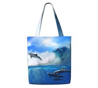 Four Dolphins In The Sea Of Whales,Reusable Grocery Bags Shopping Tote Bags Large Capacity Canvas Shoulder bag
