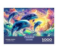Four Dolphins Leap by Castle Under Vivid Sky 1000-Piece Jigsaw Puzzle Dolphin Family Puzzle Game for All Ages 52x38cm/1000pcs