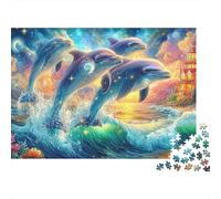 Four Dolphins Leap in The Sea 1000-Piece Jigsaw Puzzle Dolphin Theme Classic & Challenging, Gift for All Ages 70x50cm/1000pcs