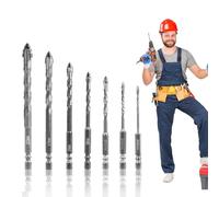 Four Edged Serrated Eccentric Drill Bits 7Pcs Masonry Drill Bits Set, Concrete Drill Bits Hex Shank High Strength Carbide Tip Tile Drill Bit Set for Brick, Wood, Wall, Glass 3/4/5/6/8/10/12mm (Silver)