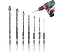 Four Edged Serrated Eccentric Drill Bits 7Pcs Masonry Drill Bits Set, Concrete Drill Bits Hex Shank High Strength Carbide Tip Tile Drill Bit Set for Brick, Wood, Wall, Glass 3/4/5/6/8/10/12mm (Silver)