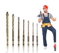 Four Edged Serrated Eccentric Drill Bits, 7Pcs Masonry Drill Bits Set, Concrete Drill Bits Hex Shank High Strength Carbide Tip Tile Drill Bit Set for Brick, Wood, Wall, Glass 3/4/5/6/8/10/12mm (Gold)