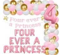 Four Ever a Princess Birthday Decoration Pink Gold Princess Castles Balloon Garland Arch Kit Glitter Four Ever a Princess Banner 4 Years Old Decor for Girls 4th Princess Dolls Birthday