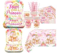Four Ever a Princess Birthday Decorations , Including Plates, Cups, Napkins, Tablecloth, Straws, for 4th Birthday Supplies girl, Serve 20