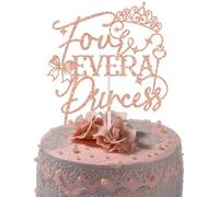 Four Ever A Princess Cake Topper, Baby Girl 4th Birthday Cake Decorations, Princess Theme Girl Birthday Party Decoration, Happy 4th Bday Decorations Rose Gold Glitter