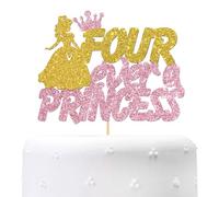 Four Ever a Princess Cake Topper, Girl's 4th Birthday - I'm Four Sign - Four Years Old Birthday Party Cake Decorations Gold Pink Glitter