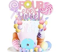 Four Ever Sweet Cake Topper Donut Decoration for 4th Birthday Donut Ice Cream Party Biscuits Decoration for Birthday Parties with Candy Dessert Theme Party Supplies