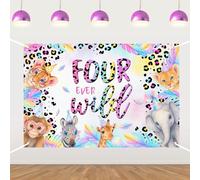 Four Ever Wild Birthday Backdrop 4th Birthday Safari Jungle Leaves Photography Background Child Kids Birthday Party Decorations for Kids Photo Booth Props