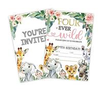 Four-Ever Wild Birthday Invitations, Jungle Animals 4Th Birthday Party Invite Cards（20 Count) With Envelopes, Fill In Style Invite Cards For Boys & Girls, Birthday Party Supplies-C07