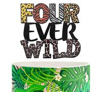 Four Ever Wild Cake Topper, Jungle Safari Theme 4th Birthday Party Decorations, Fourth Birthday Cake Topper, Animal Print Giraffe Tiger Zebra Leopard Cake Decoration