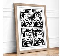 Four Faces Smiling Retro Framed Wall Art Print A4 (29.7×21cm) Oak, Wall Decor for Living Room, Bedroom, Office & Home, Ready to Hang, Art Gift