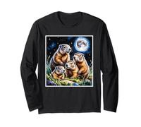 Four Groundhogs Under Moon Nature Animal Art Wildlife Long Sleeve T-Shirt