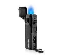 Four Jet Flame Lighter with Cigar Stand Butane Refillable Cigar Lighter with Punch Windproof Cigar Torch Lighter Black (Without Gas)