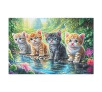 Four Kittens by Creek with Blossoms 1000 Piece Premium Jigsaw Puzzle Adult Jigsaws Brain Training Hobby Home Decor Winter Gift Unique Shaped Recycled Cardboard 1000 PCS