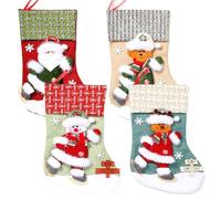 Four Large Christmas Stockings with Festive Designs Santa Claus Snowman Reindeer Elk for Holiday Party and Home Hanging Decorations Polyester Build