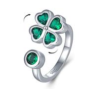 Four Leaf Clover Anxiety Ring for Women,925 Sterling Silver Open Adjustable Four Leaf Clover Spinner Ring with 5A Cubic Zirconia, matel, Cubic Zirconia