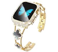 Four-Leaf Clover Band for Apple Watch Band 44mm with Full Diamond Protective Case Built-in Tempered Glass Screen Protector for Apple Band Series SE 6 5 4 for Women, Gold/Black Pearl Shell