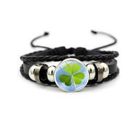 Four Leaf Clover Bracelet, Adjustable Braided Leather & Bead Bangle 18+7cm - Irish Shamrock Lucky Charm Jewellery Gift for Women Men, Couple, St. Patrick's Day (Style 11)
