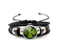Four Leaf Clover Bracelet, Adjustable Braided Leather & Bead Bangle 18+7cm - Irish Shamrock Lucky Charm Jewellery Gift for Women Men, Couple, St. Patrick's Day (Style 6)