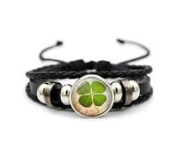 Four Leaf Clover Bracelet, Adjustable Braided Leather & Bead Bangle 18+7cm - Irish Shamrock Lucky Charm Jewellery Gift for Women Men, Couple, St. Patrick's Day (Style 2)