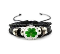 Four Leaf Clover Bracelet, Adjustable Braided Leather & Bead Bangle 18+7cm - Irish Shamrock Lucky Charm Jewellery Gift for Women Men, Couple, St. Patrick's Day (Style 1)