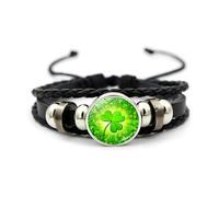 Four Leaf Clover Bracelet, Adjustable Braided Leather & Bead Bangle 18+7cm - Irish Shamrock Lucky Charm Jewellery Gift for Women Men, Couple, St. Patrick's Day (Style 5)