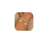 Four Leaf Clover Bracelet for Women - 18K Gold Plated Stainless Steel 4 Leaf Lucky Link Bracelets Set with Shell & Zirconia, Adjustable White/Red/Blue/Grey Flower Jewelry Gift for Her (Hypoallergenic