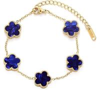 Four Leaf Clover Bracelet for Women 18K Gold Plated Stainless Steel Lucky 4 Leaf Gold Link Bracelet Jewelry Gift for Women (Dark blue)